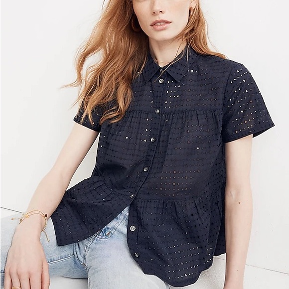 Madewell Eyelet Seamed Button-Down Shirt in Deep Navy - Picture 2 of 9